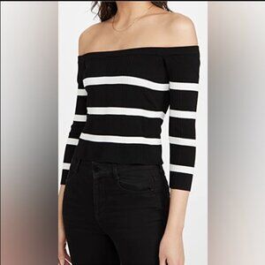 L'Agence Black White Striped Conner Off The Shoulder Sweater